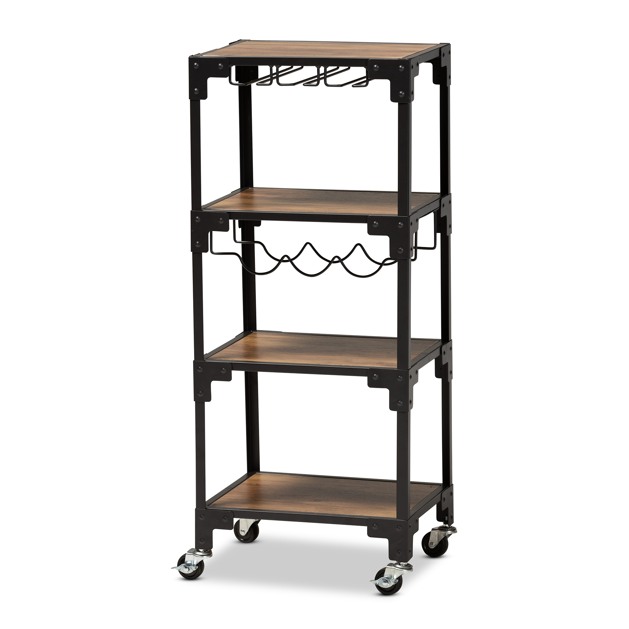 Baxton Studio Victor Industrial Rustic Walnut Finished Wood and Black Metal 4-Tier Mobile Wine Cart